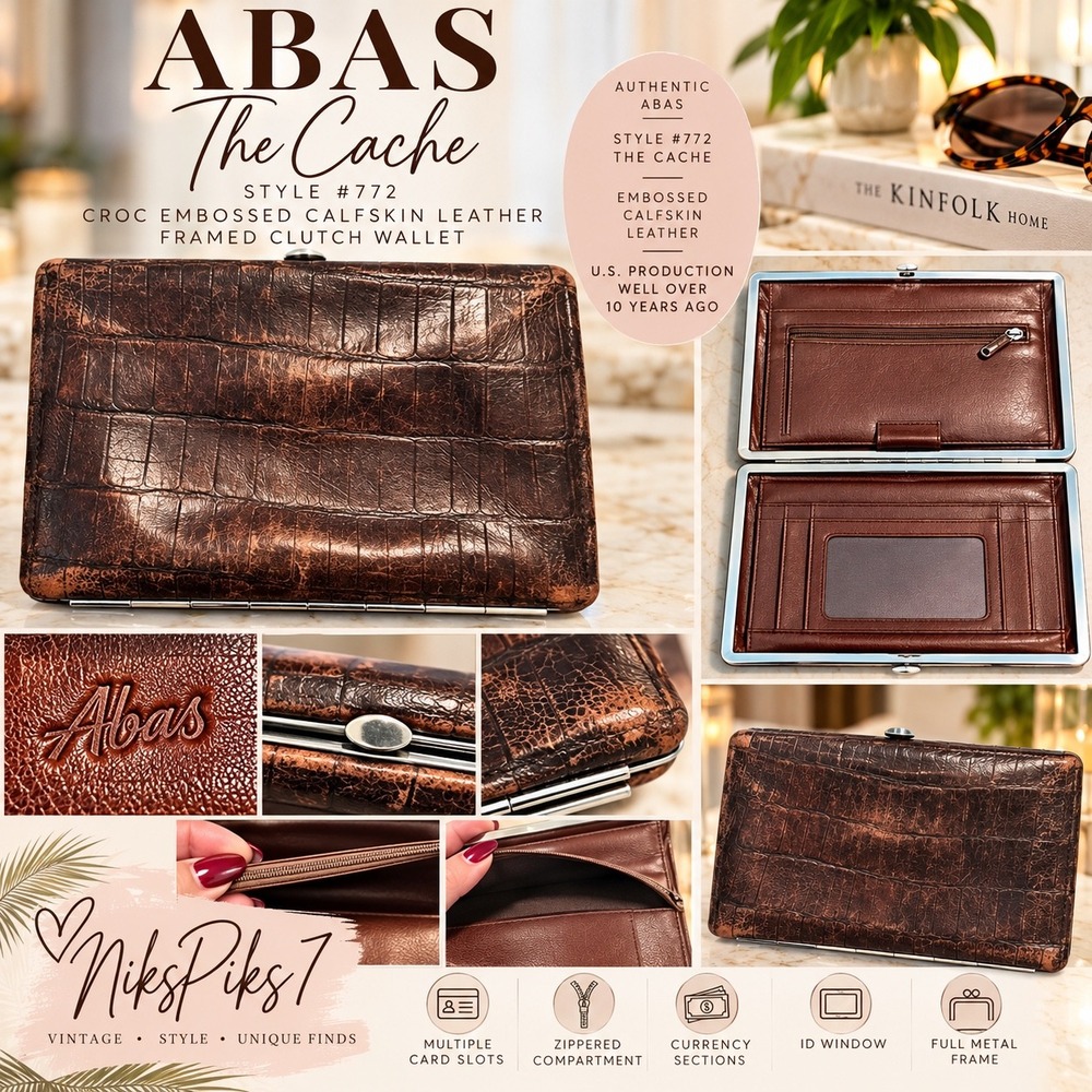 ABAS Cache #772 Brown Croc Embossed Calfskin Leather Frame Clutch Wallet